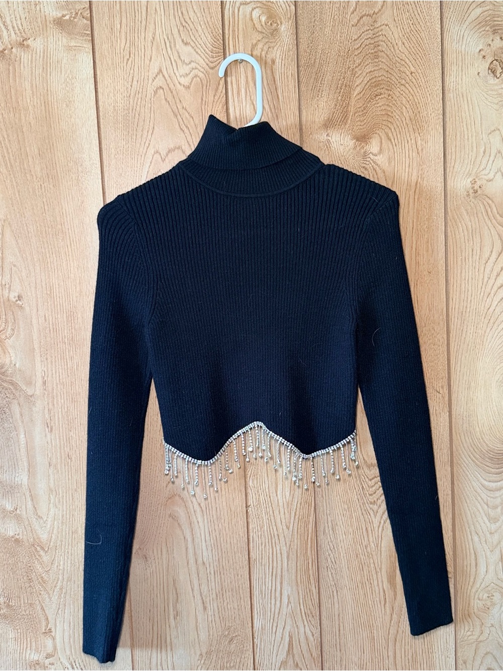 Cropped Black Ribbed Turtleneck Sweater with Beaded Fringe